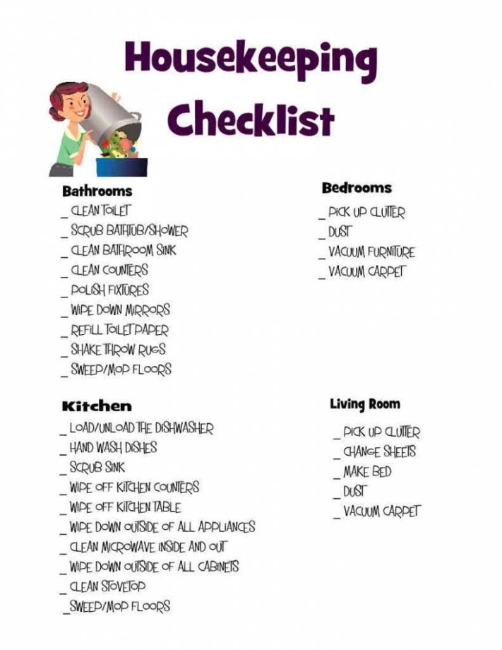 Housekeeping Checklist  Housekeeper checklist, Cleaning checklist